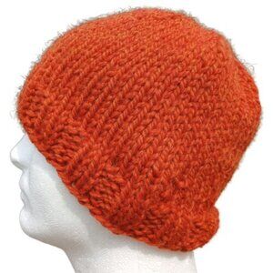 Mens Handmade Beanie Hat Alpaca Wool Cap Hand Knit Orange Womens USA Made